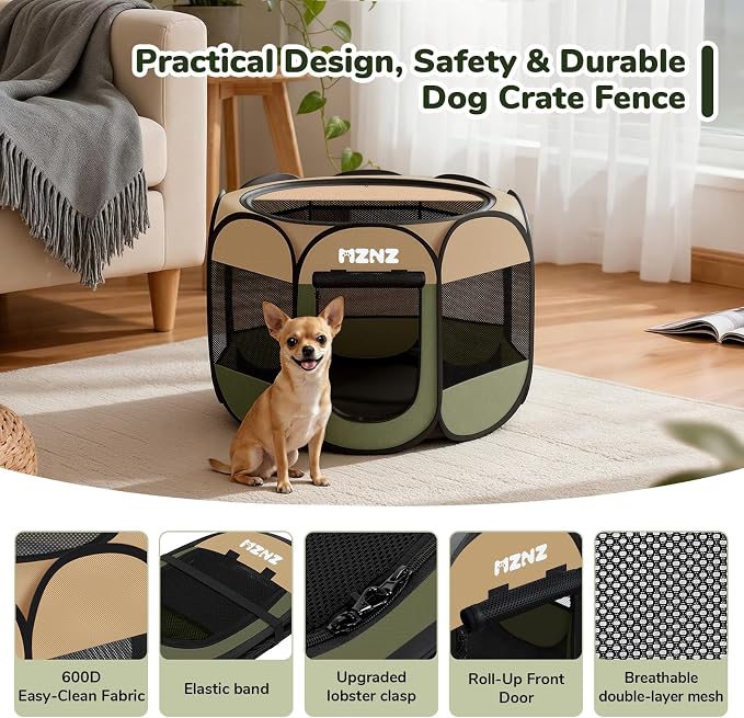 Dog Cat Small Animal Puppy Playpen Crate, Small, Olive Green | Portable Pop Up Pet Cage Enclosure Tent Kennel Indoor Outdoor with Carrying Case, No Assembly, Camping Use