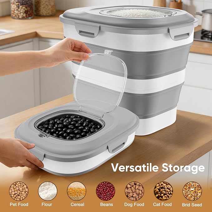 Rice Storage Container, 20 to 50Lbs Collapsible Airtight Rice Container, 30 Lbs Dog Food Storage Container with Wheels, Cup and Scoop, Food Dispenser Bin for Flour, Cereal, Flour, Cat, Bird, Pet