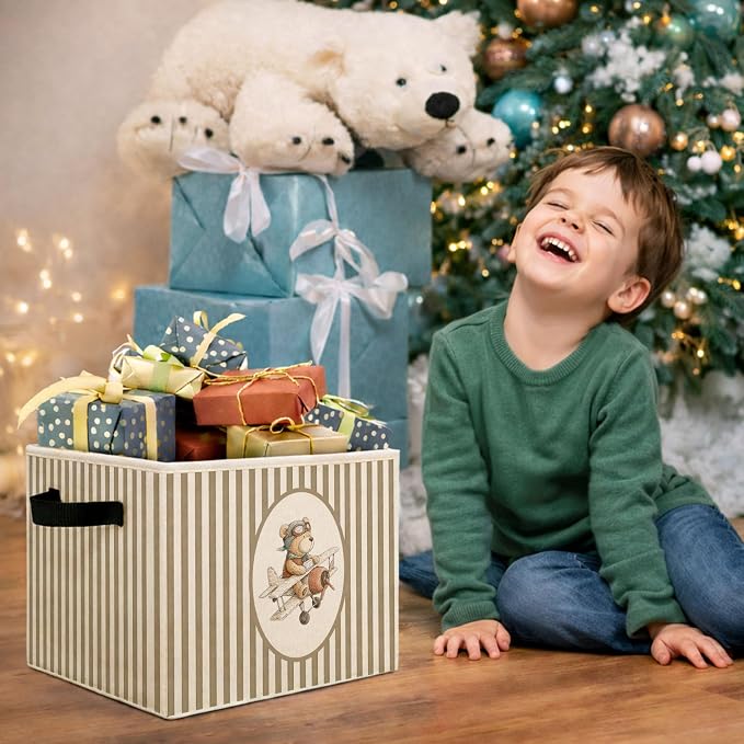 Airplane Bear Pilot Teddy Foldable Fabric Storage Bin | Pilot teddy bear stripe design; foldable fabric storage bin for kids room, nursery, playroom, toys, books, or clothes.