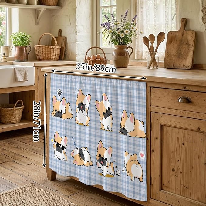 Cute Puppy Oven Skirt Curtain for Kitchen Decor 28"x35", Blue Purple Plaid Modern Funny Dogs Pet Self Adhesive Stove Curtains Skirt Cabinet Curtains for Bathroom Laundry Room