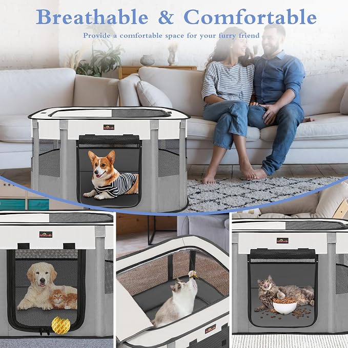 Dog Playpen, Pet Playpen, Foldable Kitten cage Puppy Play Pen, Portable Dog Kennel Tent Crate, Indoor Outdoor Travel Camping Use for Small Animals with Carrying Case (Grey L)