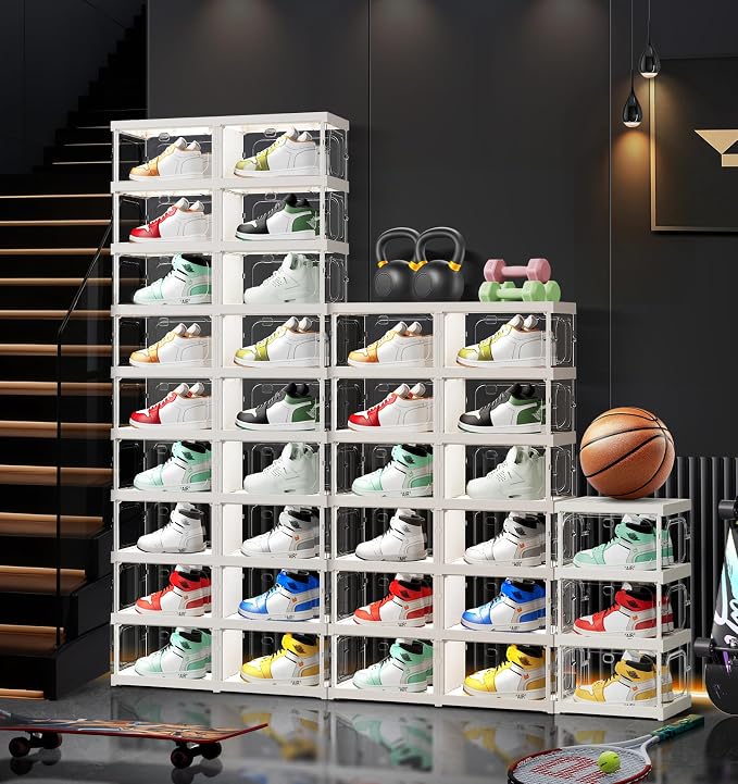 CIMLORD 9-Tier Foldable Shoe Rack Organizer, Magnetic Doors,18 Pairs,White | Collapsible Plastic Shoe Cabinet, 4-Sided Clear Doors, Stackable, Fits High Shoes&Sneakers, Easy Assembly, Closet, Cloakroom