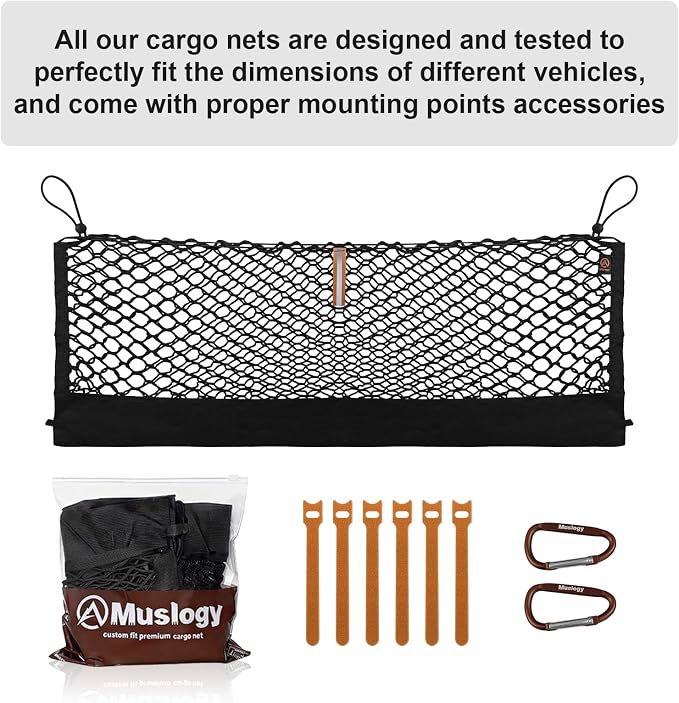 Muslogy Cargo Net for 2022-2025 2026 Nissan Pathfinder Accessories | Custom Fit, Trunk Storage Organizer Net for SUV Sedan Van Divider, with Heavy Duty Carabiners, Night Visible Grab Handle