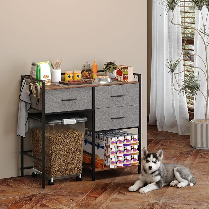Extra Large Pet Storage Rack, Dog Food Storage Station with 3 Multi-Purpose Drawers & Side Hooks, Industrial Furniture Style Pet Supply Organizer, Fits Big Rolling Food Bins, Grey & Black