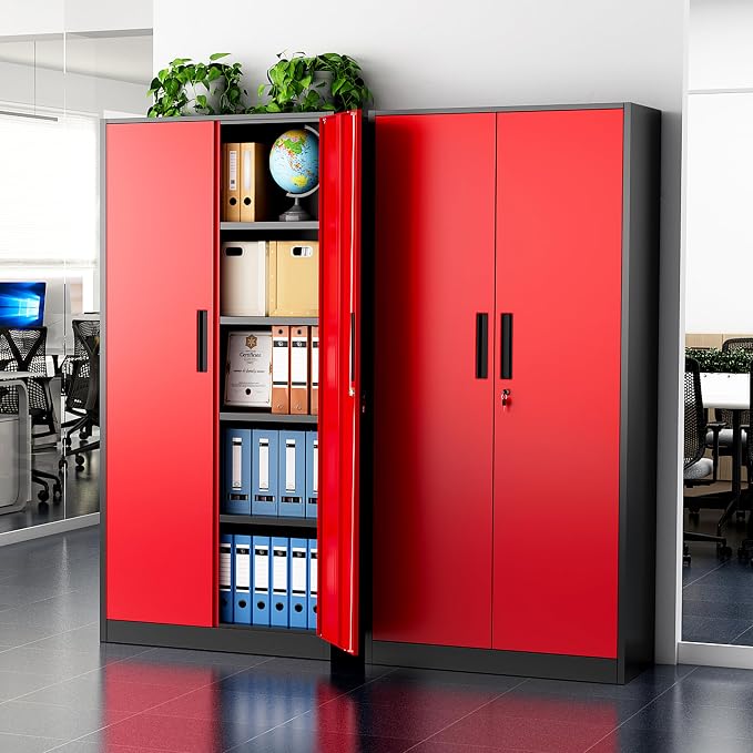 Greenvelly Metal Storage Cabinet with Doors and Shelves, 72" Inch Locking Metal Cabinet,Garage Storage Cabinet for Garage Office School Warehouse (Black Red)