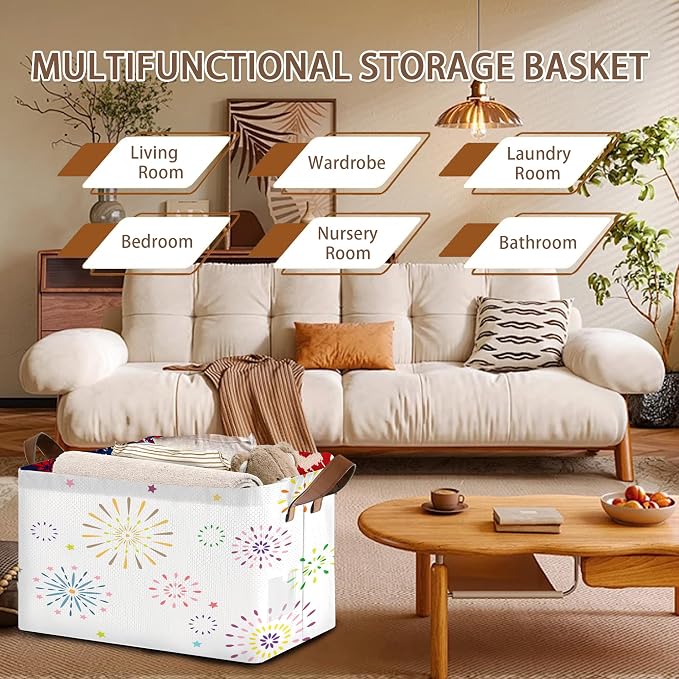 Colorful Fireworks Pattern Collapsible Storage Box - 17x11.5x10.5 Inch Foldable Organizer for Seasonal Decorations, Event Decor, Home Storage - Single Pack