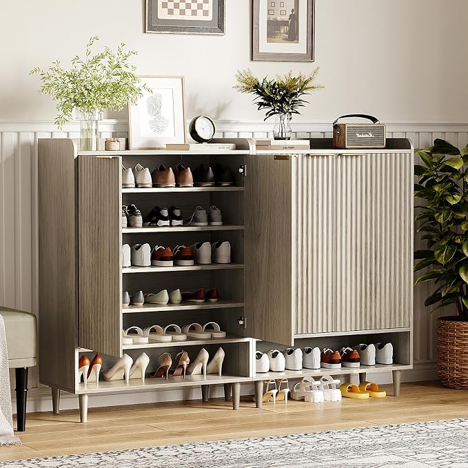 VINGLI Shoe Cabinet with Fluted Doors, 6 Tier Large Wooden Entryway Shoe Storage Cabinet with Adjustable Shelves,44.5" Tall Modern Freestanding Shoe Rack Organizer for Entryway, Hallway,Gray Oak