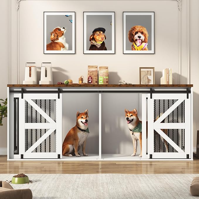jiteentarou87In Farmhouse Dog Crate TV Stand, Wooden Dog Kennel Furniture with Sliding Metal Mesh Barn Door, Large Dog Crate Furniture for 2 Dogs, Solid Metal Tube & 2 Lockable Doors, White & Brown