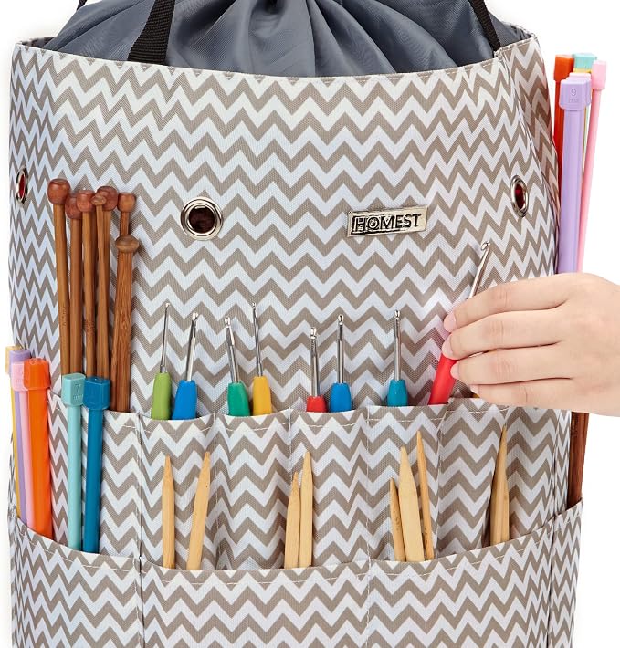 HOMEST Crochet Bag Organizer for Yarn Storage, and Knitting Accessories | Customized front compartment, 6 oversized grommets and drawstring closure for hooks, needles and projects, Ripple