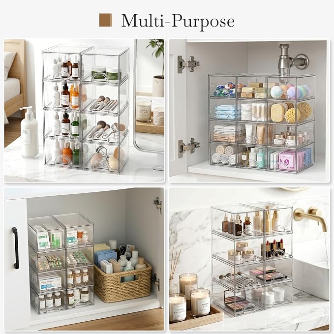 8 Pack Small Clear Stackable Acrylic Storage Boxes & Drawers | Storage Organizer, Clear Plastic Makeup Organizer, Ideal for Vanity, Cabinet, Desk Organization, Art Tool & Sketch