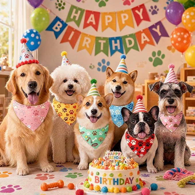 50 Pcs National Dog Day Dog Bandanas Bulk Pastel Paw Prints Pattern | Triangle Kerchief Bibs Scarf Set for Pets Birthday Party Costume Photo Props Accessories, 25 Styles, 19.7 x 13.8 x 13.8 Inch