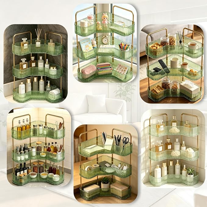 3-Tier Corner Bathroom Organizer, Skincare Vanity Counter Shelf Green | Premium PET Perfume Display Stand with Gold Metal Rods, Space-Saving 90 Degree Storage Rack for Dresser