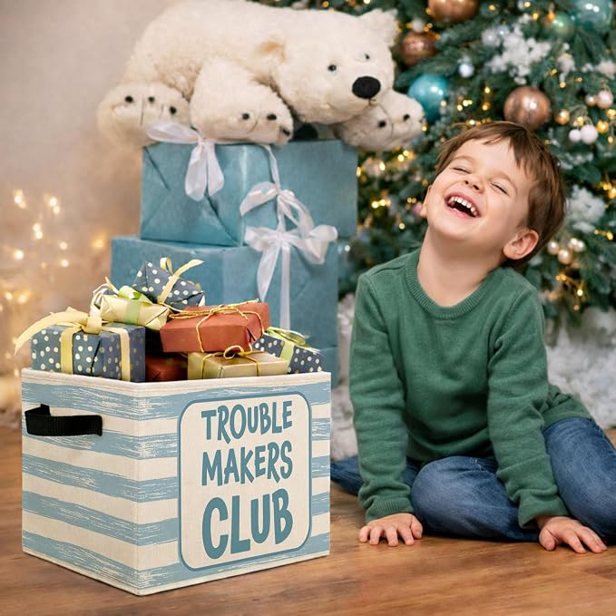Trouble Makers Storage Bin, Foldable Fabric Basket for Bedroom | Foldable fabric storage bin with funny blue stripe design for toys, books, clothes, nursery, bedroom, and playroom use.