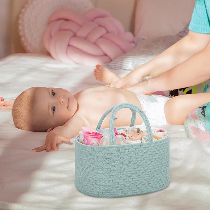 COMSE Baby Diaper Caddy Organizer with Handles, Cotton Rope, Light Green