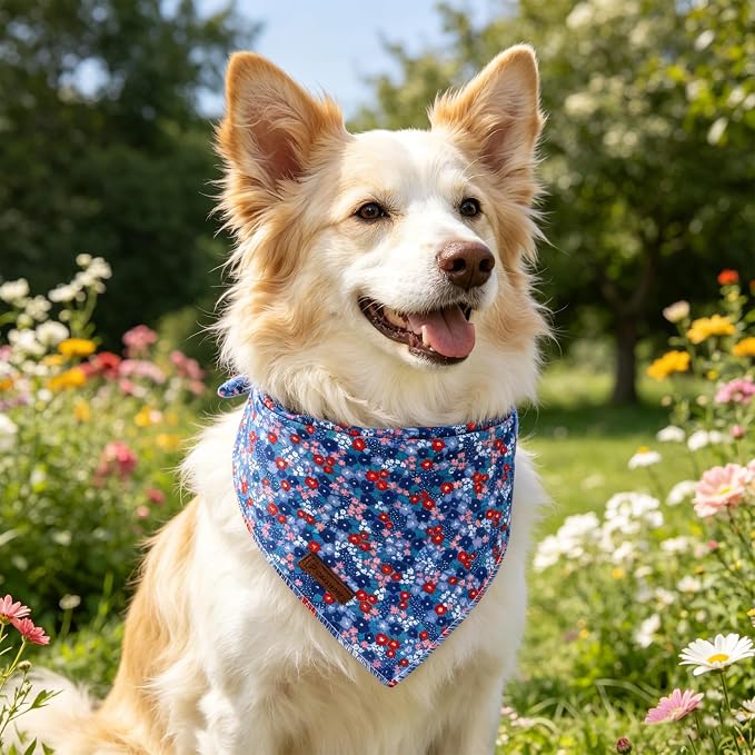 Spring Summer Dog Bandana, Red & Blue Floral Puppy Bandana for Small Medium Dog, Cotton Flower Pet Triangle Bid Scarf Kerchief for Girl Boy Dogs or Cats