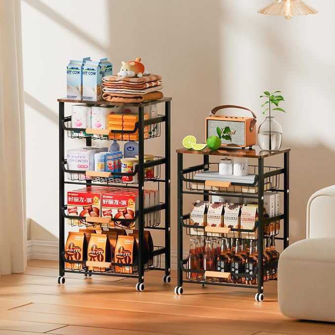 Fruit Vegetable Basket for Kitchen,4 Tier Pantry Organizers and Storage,Snack Organizer for Countertop,Pantry Cart,Metal Wire Storage Shelf Organizer Baskets for Kitchen, Pantry, Bathroom