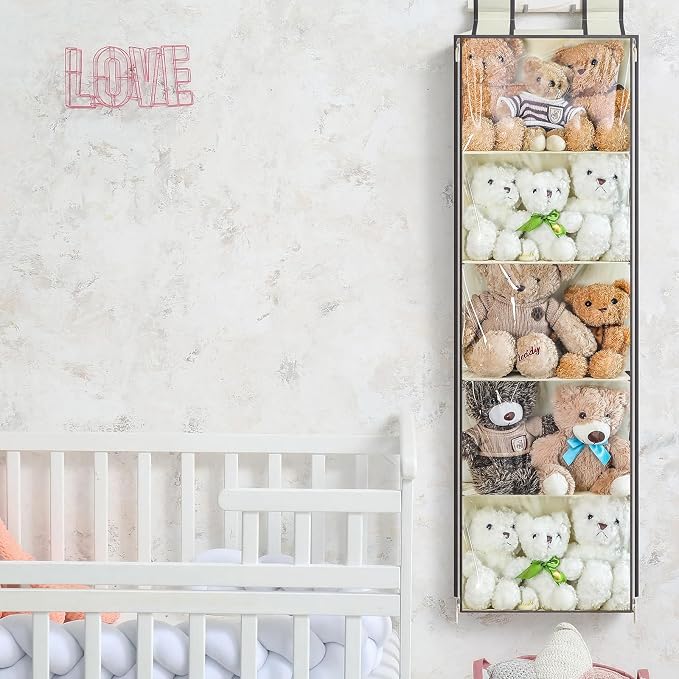 SATINIOR Hanging Stuffed Animal Storage with Zippers Dustproof over The Door Organizer with Large Pockets Different Hanging Methods for Shoes, File(Beige,5 Layer)