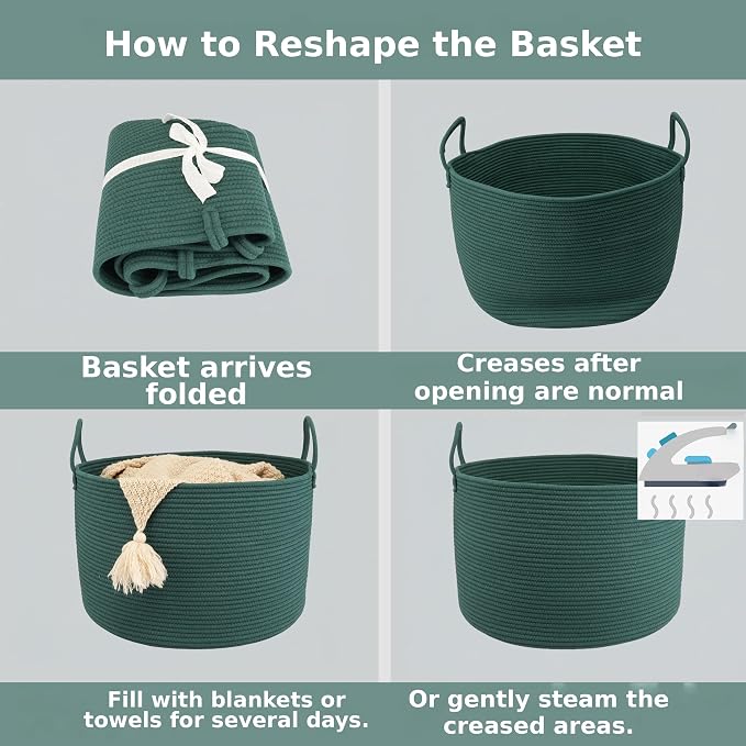 XUANGUO 66L Large Blanket Basket, Round Cotton Rope Basket, Dark Green | 20" x 13" Laundry Basket with Sturdy Handles for Blankets, Pillows and Toys; Storage for Living Room, Bedroom and Nursery