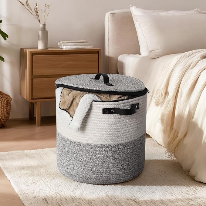 Large Basket with Lid, 18"x14" Woven Blanket Storage for Living Room, Round Cotton Rope Storage Bin with Zipper Top, Shoe Basket with Lid for Entryway, Floor Kids Dog Toy Bin Box with Cover