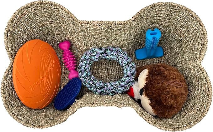 OtterPets Dog Toy Basket, Cotton Rope Bone Shaped Dog Toy Bin, 22x14 | Handmade dog toy box, dog toy storage, dog basket, basket for dog toys, dog storage, Large 22 x 14 in, natural seagrass