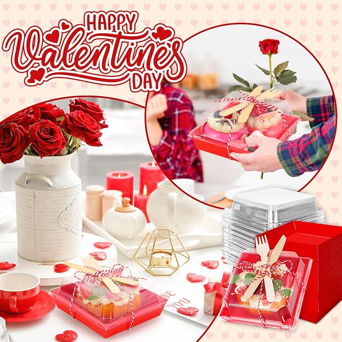 Whaline 50 Set Red Small Charcuterie Boxes with Clear Lids Forks Knives Mother's Day Clear Mini Dessert Box Disposable Food Container for Gift Giving Wedding Party Sandwich Cookie Sushi Cake