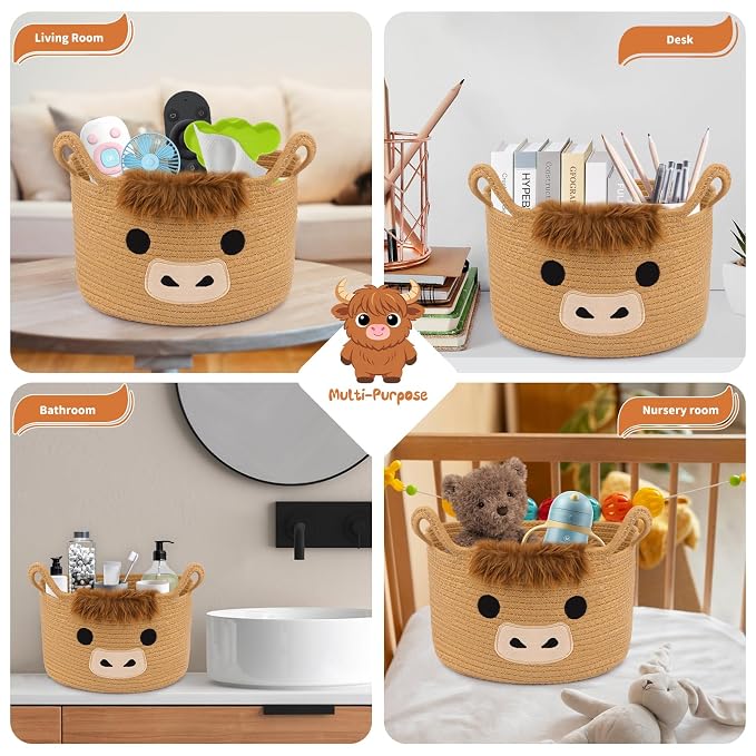 Oval Highland Cute Cow Basket for Nursery, Large Woven Gift Basket | Shelves Rope Cotton Storage Bins for Gifts Empty, Baby Shower Blanket with Handles,Towel Burr Decorative, 13"D x 8"H IN