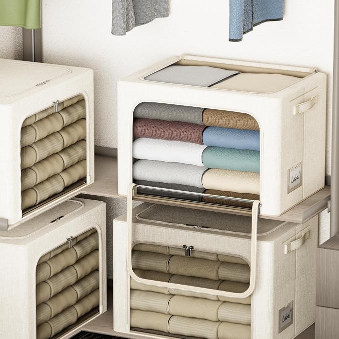 4 Pack Clothes Storage Bins with Metal Frame - 100L Stackable Storage Box with Lid,Foldable Storage Container Organizer for Clothes,Linen Fabric Storage Box with Clear Window&Zippers&Handles
