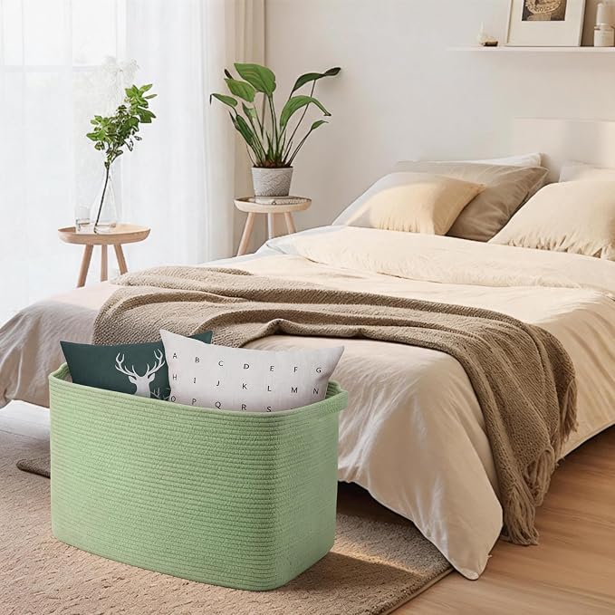 Large Green Baskets for Organizing, 23.6" x 17" x 12" Rectangle Blanket Holder Organizer, Kids Toy Storage Bins, Woven Rope Storage Basket, Green Home Decor Basket, Baby Nursery Storage