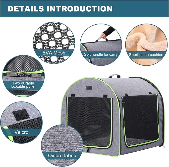 Petsfit Portable Dog Crate, Arch Design Escape Proof Collapsible Soft Sided Dog Crate Dog Kennel (Snowflake Gray with Fluorescent Green, 35.4" Lx29.1 Wx29.9 H)