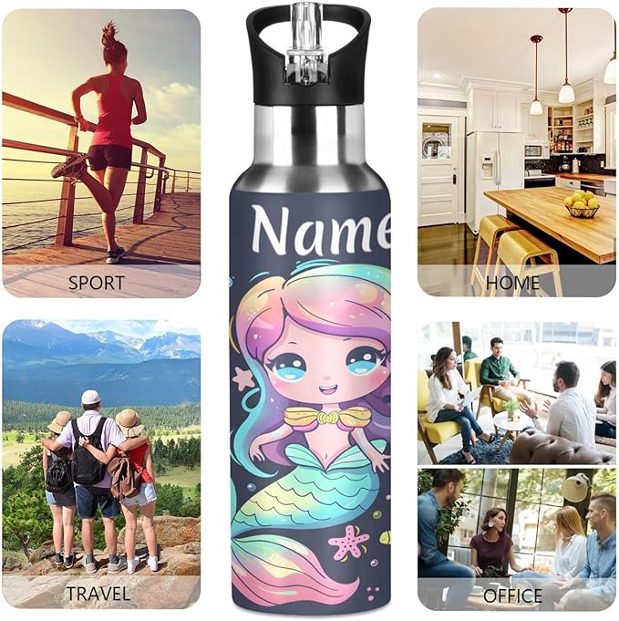 Custom Name Cute Mermaid Water Bottle with Straw Lid Kids Insulated Stainless Steel Water Flask Sports, 20 Oz Hot Cold