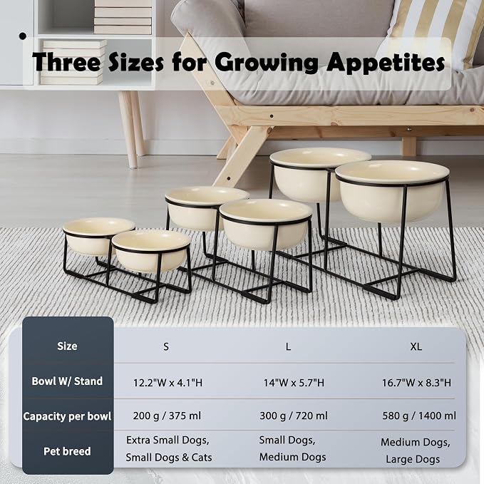 Elevated Ceramic Dog Bowl Set - Double Dishes with Non-Slip Iron Stand - Raised Feeding Station for Food & Water - Ideal for Small and Medium Dogs - 2 × 720ml Capacity - Beige - 15 cm Height