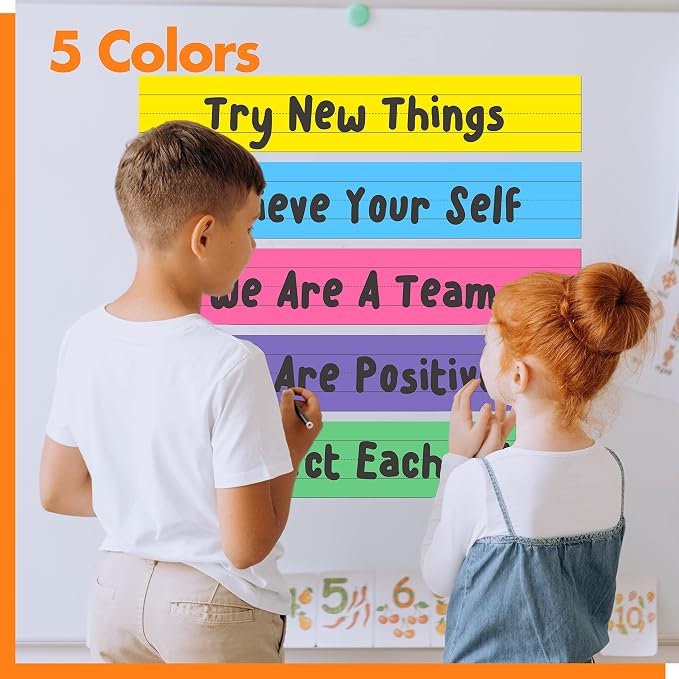 10 Pack Magnetic Sentence Strips, 5 Colors Ruled Writing Strip Dry Erase Sentence Learning Strip for School, Office, Classroom Supplies (Yellow/Pink/Blue/Green/Purple, 17” x 3”)