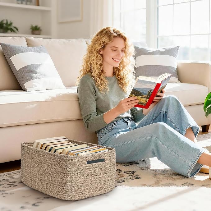 3 Pack Large Storage Basket for Organizing, 17.5"x13"x7" Woven Basket for Shelves, Closet Cube Storage Bins with Wrapped Handle, Cotton Rope Baskets for Kitchen, Clothes, Toys(Natural))