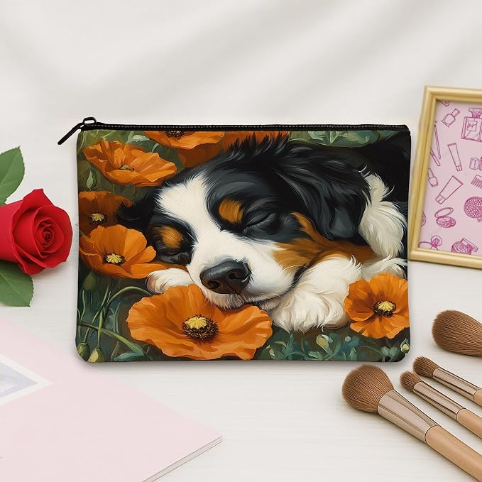 Fall Bernese Mountain Dog Makeup Bag, Funny Autumn Poppy Flowers Printed Cosmetic Travel Pouch for Women Girls, Pet Portable Small Canvas Zipper Organizer 7x9 Inch