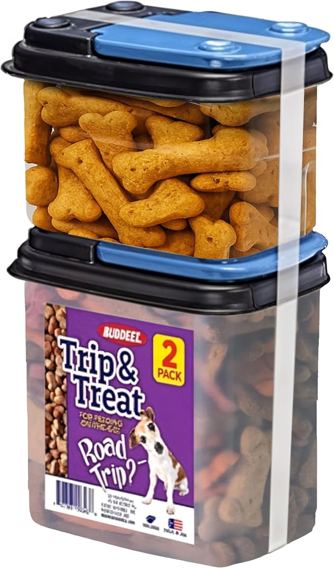 Buddeez Trip and Treat - Pet Food Storage with Flip Lid - Stackable BPA Free Treat Containers - Travel Food Dispenser for Pets - 1QT and 0.6QT