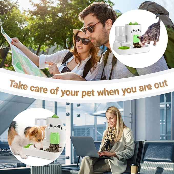 Gravity Pet Feeder Water Dispenser Combo for Cats & Dogs โ 2-in-1 Automatic Food & Water Station, Large Capacity, Non-Slip Base, Easy to Clean, Travel Ready (Green)