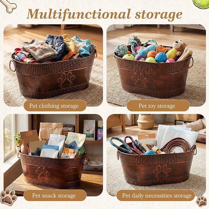 Zonon Metal Dog Toy Storage Bin with Handles 21 Quart Vintage Decorative Basket for Dog Ropes Food Living Room Decor, Galvanized Steel Pet Toy Organizer, 18x11.5x7.5 Inch (Dog's Paw)