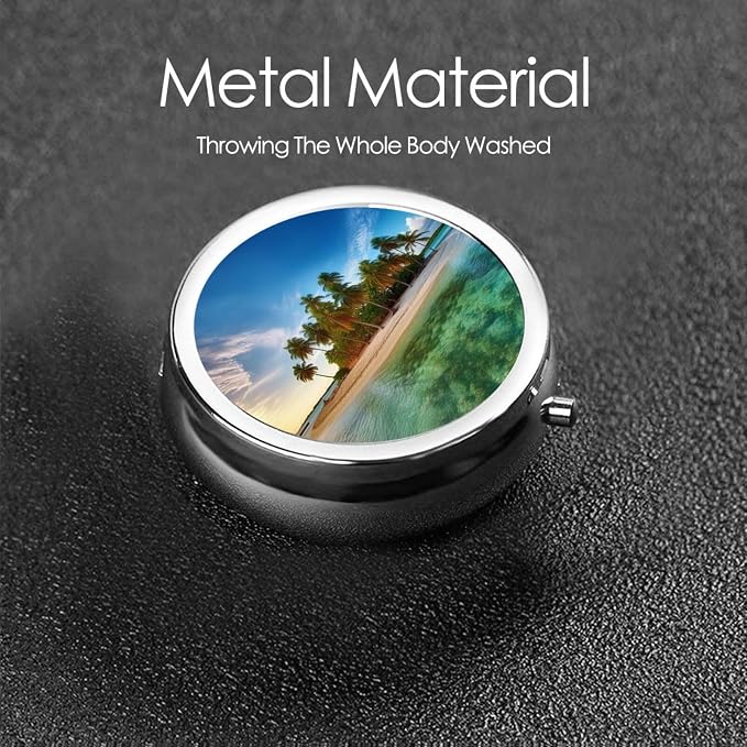 Round Pill Box Overseas Islands Pill Case for Purse & Pocket 3 Compartment Pill Organizer Portable Travel Pillbox Medicine Pill Holder Container for Daily Vitamin Cod Liver Oil Storage