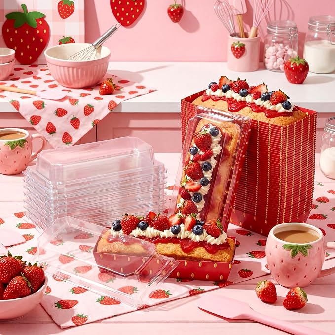 Bokon 50 Pack Strawberry Charcuterie Boxes with Clear Lids for Berry First Birthday Party Baby Shower and Summer Picnic Red Disposable Treat Boxes for Sandwich Cookie and Cake Slice