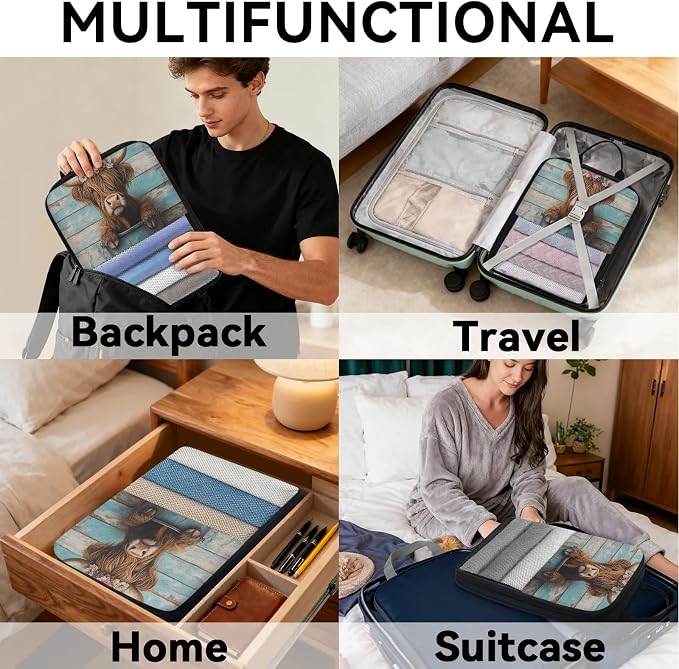 TropicalLife Highland Rustic Cow 6 Set Compression Packing Cubes | Farmhouse Farm Animals Travel Accessories Expandable Packing Organizers Space Saver Bags for Organizing Clothes
