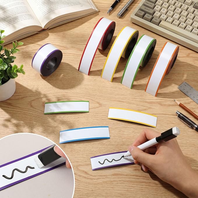 6 Pcs Dry Erase Magnetic Tapes for Classroom Colored Rainbow Adhesive Magnetic Strips Blank Sticky Labels Writable Sheet for Back to School Whiteboard Refrigerator DIY(1 in X 9.8 ft,Vivid)
