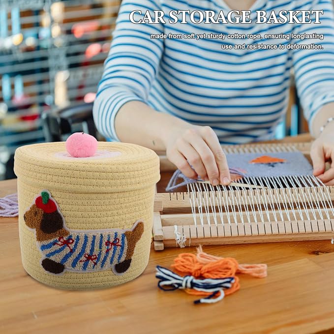Unomor Cute Puppy Basket Car Storage Bin with Lid, Woven Cotton Rope Organizer for Dog and Pet Supplies, Dustproof Yellow Cover 22x19cm for Vehicle Interior