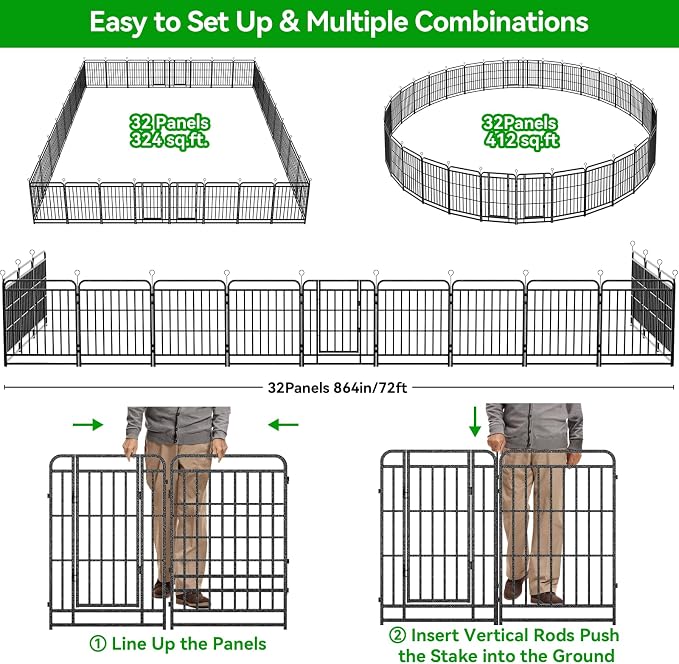 Kfvigoho Heavy Duty Dog Playpen 32 Steel Panels 40" Height | Square Steel Pipe with Reinforced Crossbars, 71FT 406 Sq.ft Portable Dog Fence Outdoor for Yard & RV Camping, Snowy Black
