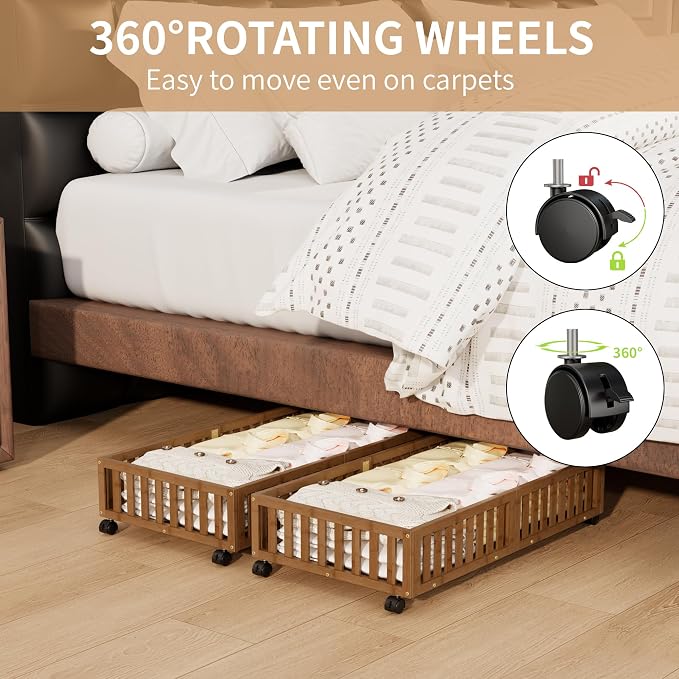 Under Bed Storage with Wheels, 2 Pcs Bamboo Drawers for Clothes and Toy | 360° wheels glide smoothly. Sturdy bamboo frames hold clothes, shoes, bedding and toys. Easy pullout access keeps rooms tidy