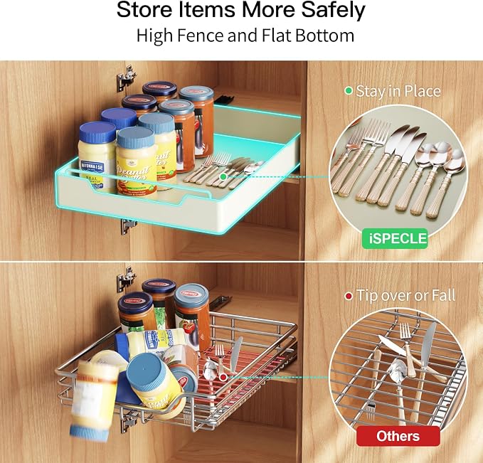 iSPECLE Cabinet Drawer Slide Out - Peel and Stick Pull Out Drawer for 13" Wide Cabinet and Above, No Screw Adhesive Cabinet Drawer Easily Slide to Get Item Without Digging, Avoid Item Fall Out, Black