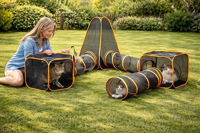 Outdoor Cat Tunnel Playset with Pop-Up Cubes & Tent – Portable Mesh Cat Playpen for Yard, Secure Enclosed Tunnel System for Cats, Kittens, Rabbits & Small Pets
