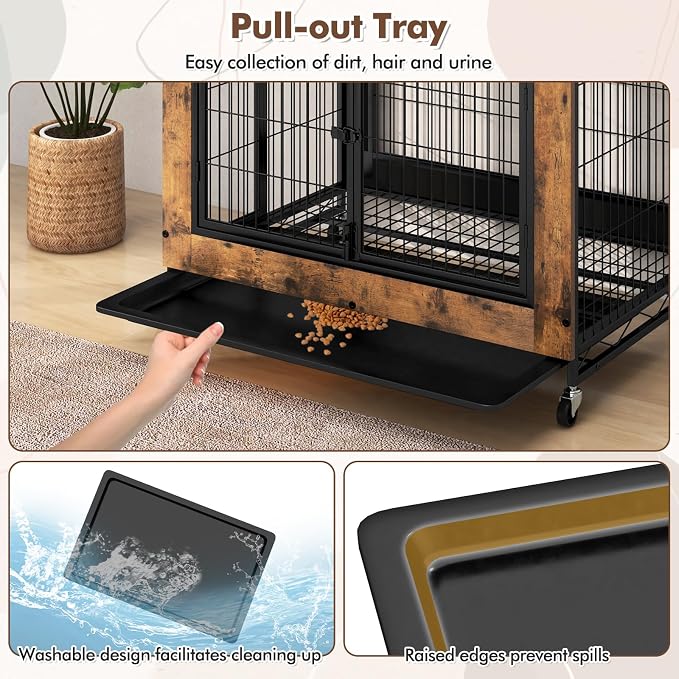 PETSITE Portable Dog Crate Furniture with Storage Shelves, 59 Inch Wooden Dog Kennel with Flip-up Top, 3 Lockable Doors and Removable Tray, Ideal for Small to Medium Dogs (Rustic Brown)