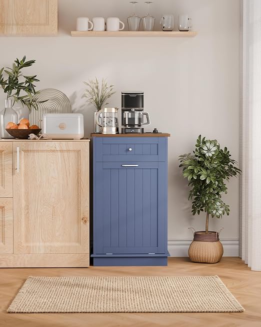 Betterhood Single Tilt Out Trash Cabinet with Power Outlet, Wooden Hidden Garbage Can Holder with a Big Storage Drawers for Kitchen, Living Room, Laundry, Blue