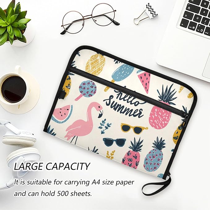 Hello Summer Playful Tropical Doodles Expanding File Folder with Sticky Labels, 13 Pockets Accordion File Folder Document Organizer Expandable Zip File Folder with Zipper Closure