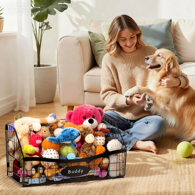 Metal Dog Toy Basket, Chew-Resistant Dog Toy Bin with Handles, Black | Sturdy Metal Storage with Easy-Access Design for Dogs, 16.7 x 10.9 x 8.8 in